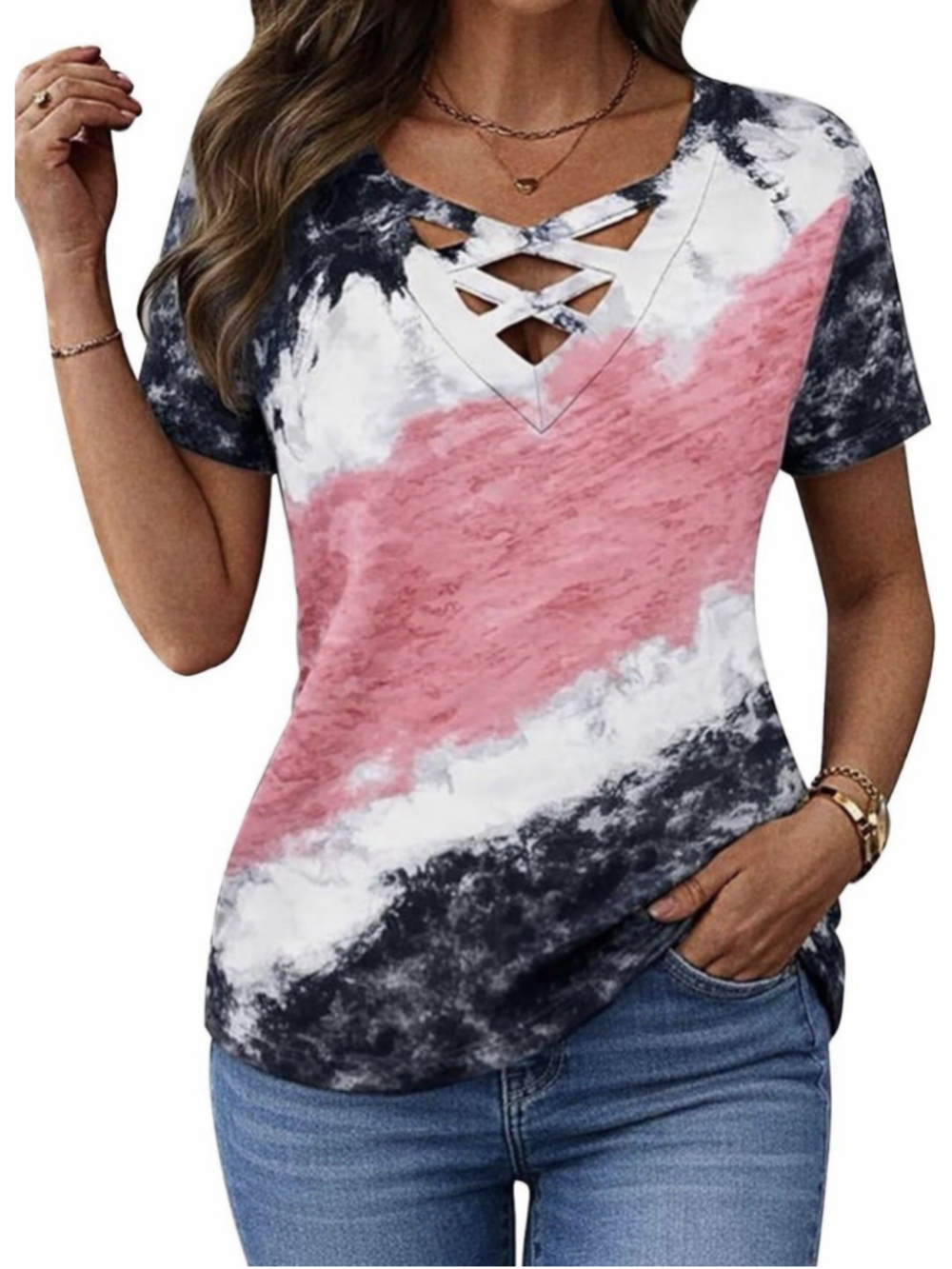 Flamingals Womens Criss Cross V Neck Short Sleeve Tops Tie Dye 2XL